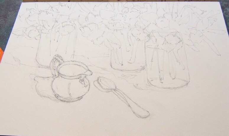 The beginning of Nancy's demonstration - drawn onto Arches watercolor paper.